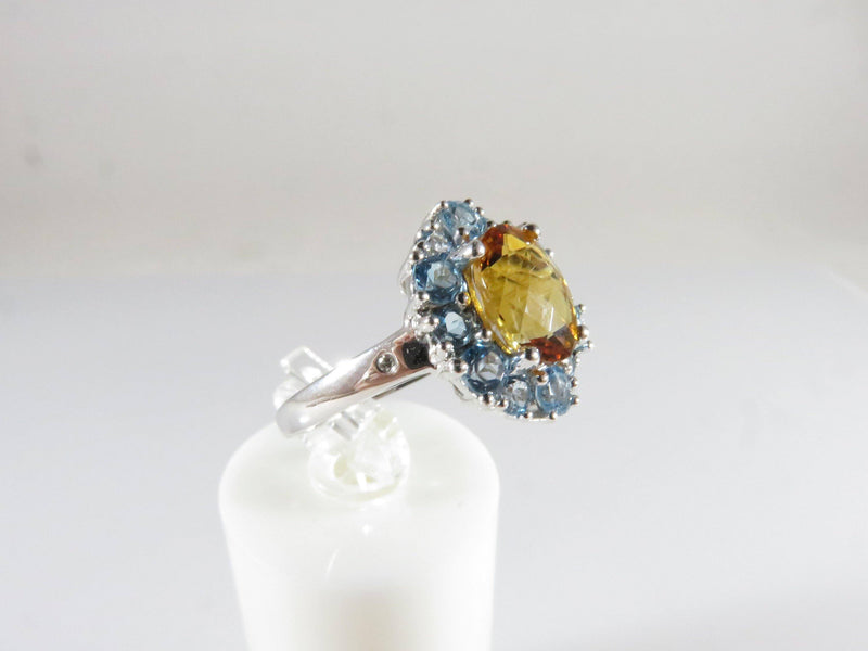 14K White Gold Oval Citrine With Blue Topaz Surround Cocktail Ring Size 7 - Just Stuff I Sell