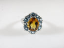 14K White Gold Oval Citrine With Blue Topaz Surround Cocktail Ring Size 7 - Just Stuff I Sell
