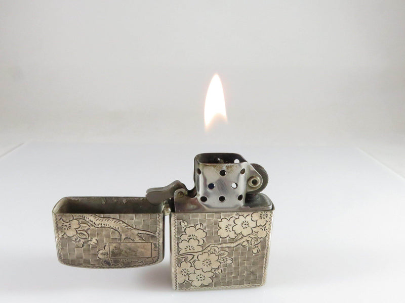 Circa 1950's Sterling Silver Flip top Case Floral Etched Pattern Lighter Case - Just Stuff I Sell