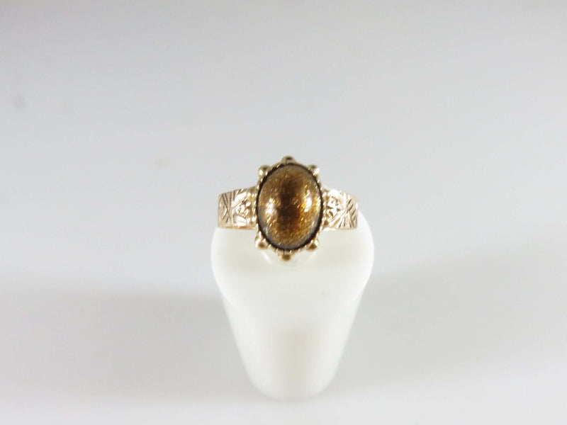 Early 10K Rose Gold Etruscan Style Goldstone Chamfered Ring Size 4 Signed FJ - Just Stuff I Sell