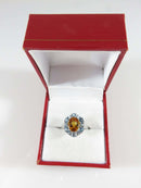 14K White Gold Oval Citrine With Blue Topaz Surround Cocktail Ring Size 7 - Just Stuff I Sell