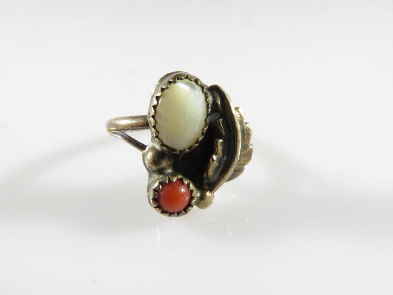 Old Navajo Sterling Silver Womens Ring Leaf Cabochon MOP & Coral Size 5 - Just Stuff I Sell