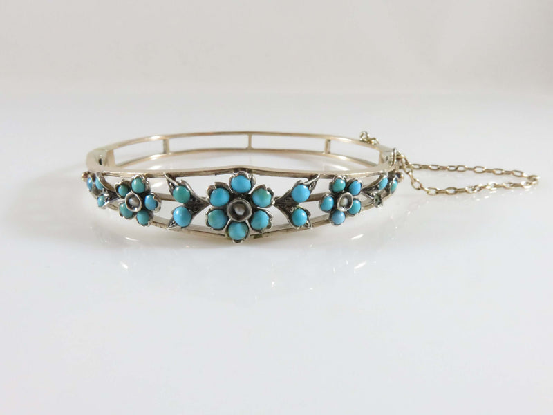 Antique Turquoise Seed Pearl Flower Hinged Bangle Gilt Sterling 6 1/4" 4 Minor Restoration - Just Stuff I Sell
