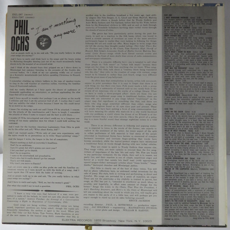 Phil Ochs I Ain't Marching Anymore Vinyl LP 1976 Reissue Elektra EKS-7287 Specialty Pressing